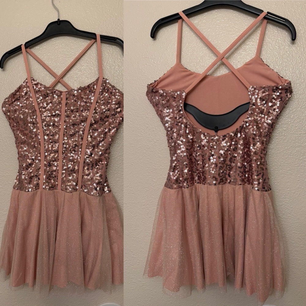 Art Stone solo Dance Costume blush pink ribbed glitter tutu dress SA-Small adult